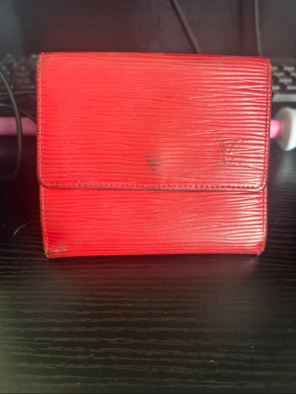Louis Vuitton Red Epi Leather Folded Wallet peeling